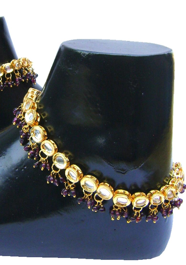 Gold Plated Voilet Kundan Stone Studded One Pair Anklet