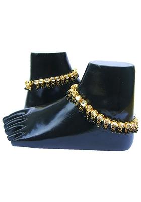 Gold Plated Black Kundan Stone Studded One Pair Anklet