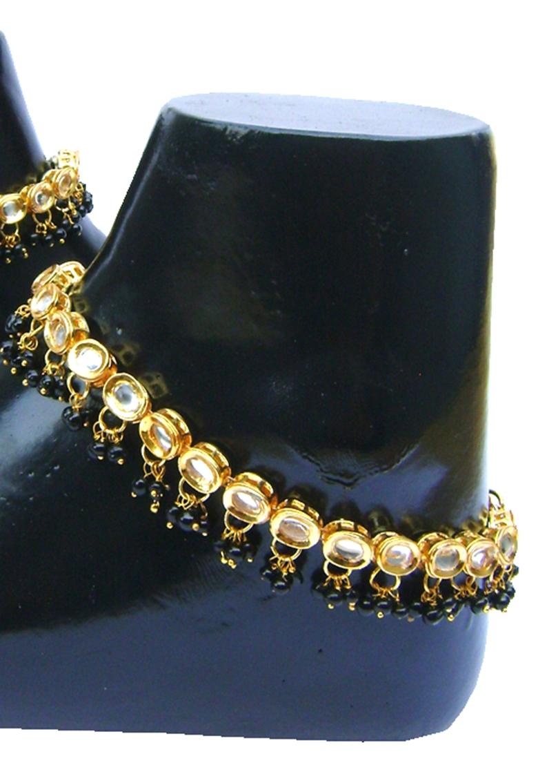 Gold Plated Black Kundan Stone Studded One Pair Anklet
