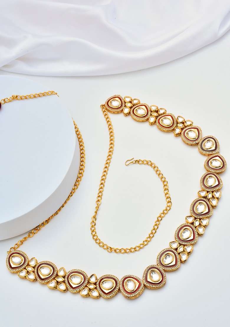 Red Gold Tone Polki Kamarband - Indya