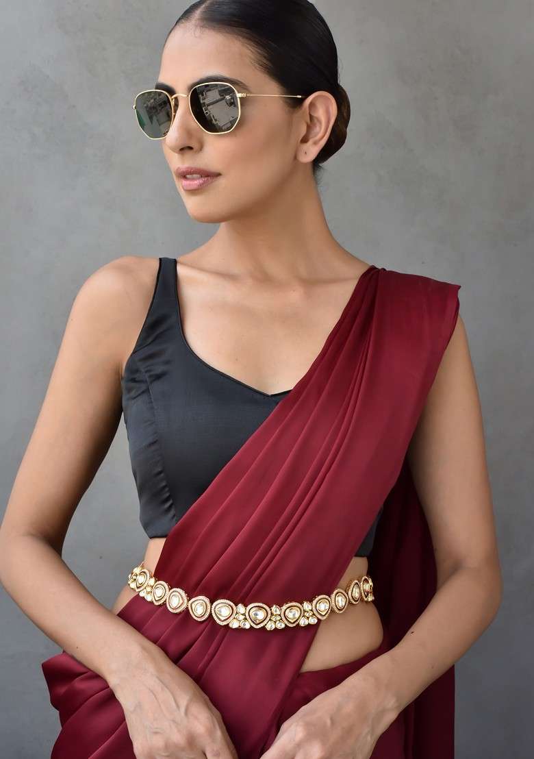 Red Gold Tone Polki Kamarband - Indya