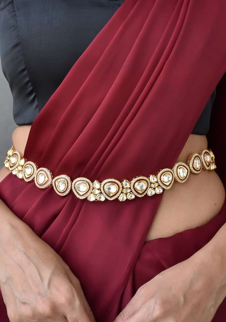 Red Gold Tone Polki Kamarband - Indya