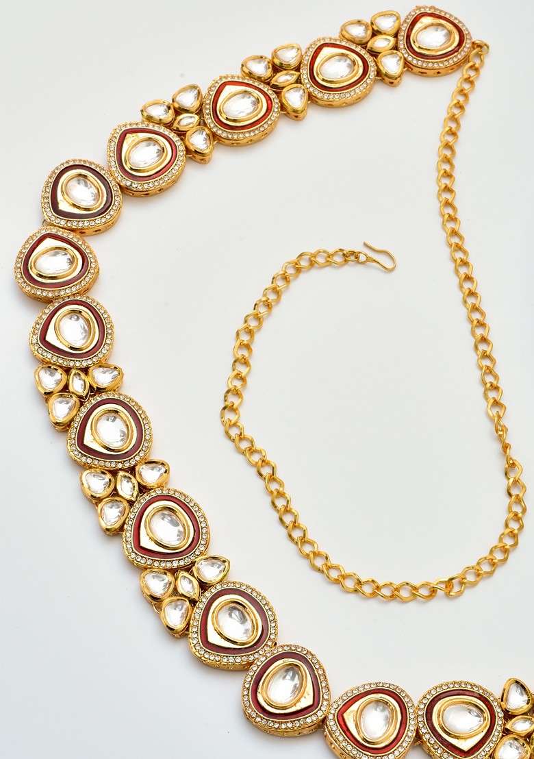 Red Gold Tone Polki Kamarband - Indya