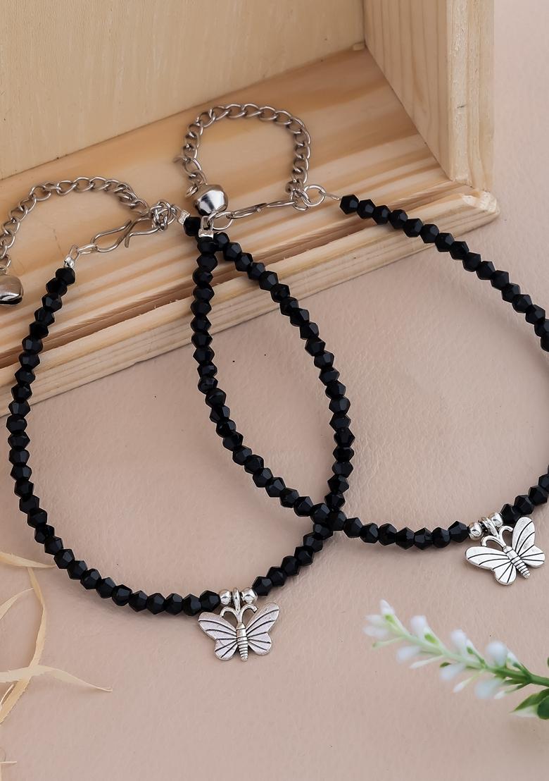 Black Crystal Beaded Butterfly Charm Anklet