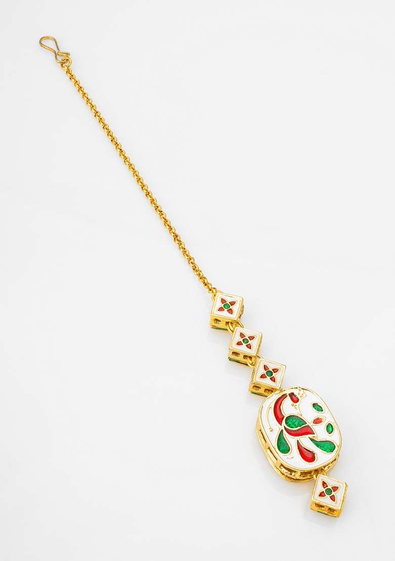 White Gold Plating Kundan Artificial Beads Mangtikka - Indya