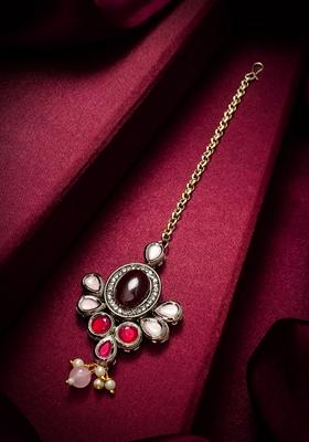 Maroon Gold Plating Kundan Pearl Mangtikka
