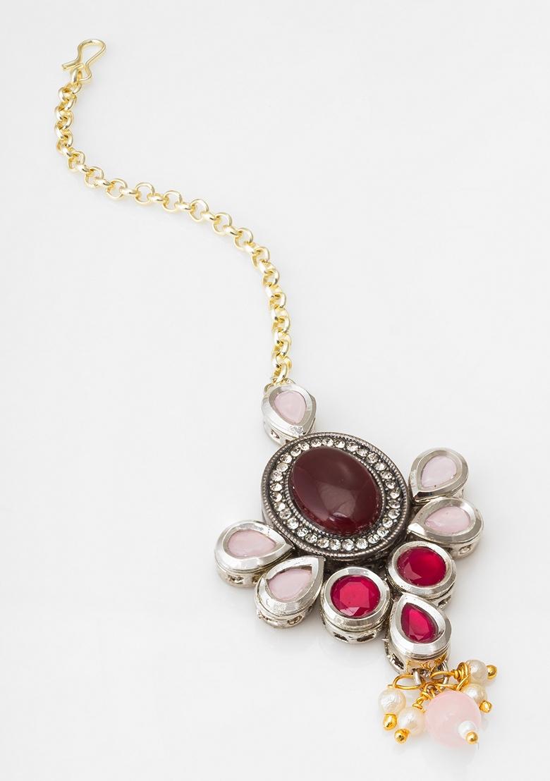 Maroon Gold Plating Kundan Pearl Mangtikka