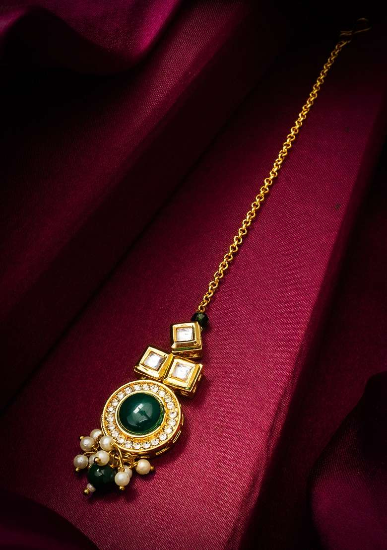 Green Gold Plating Kundan Pearl Mangtikka - Indya