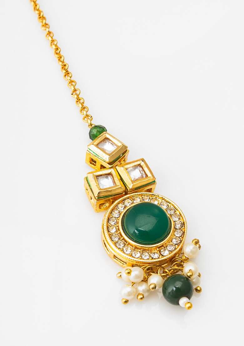 Green Gold Plating Kundan Pearl Mangtikka - Indya