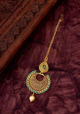 Blue Gold Plating Artificial Beads Maang Tikka