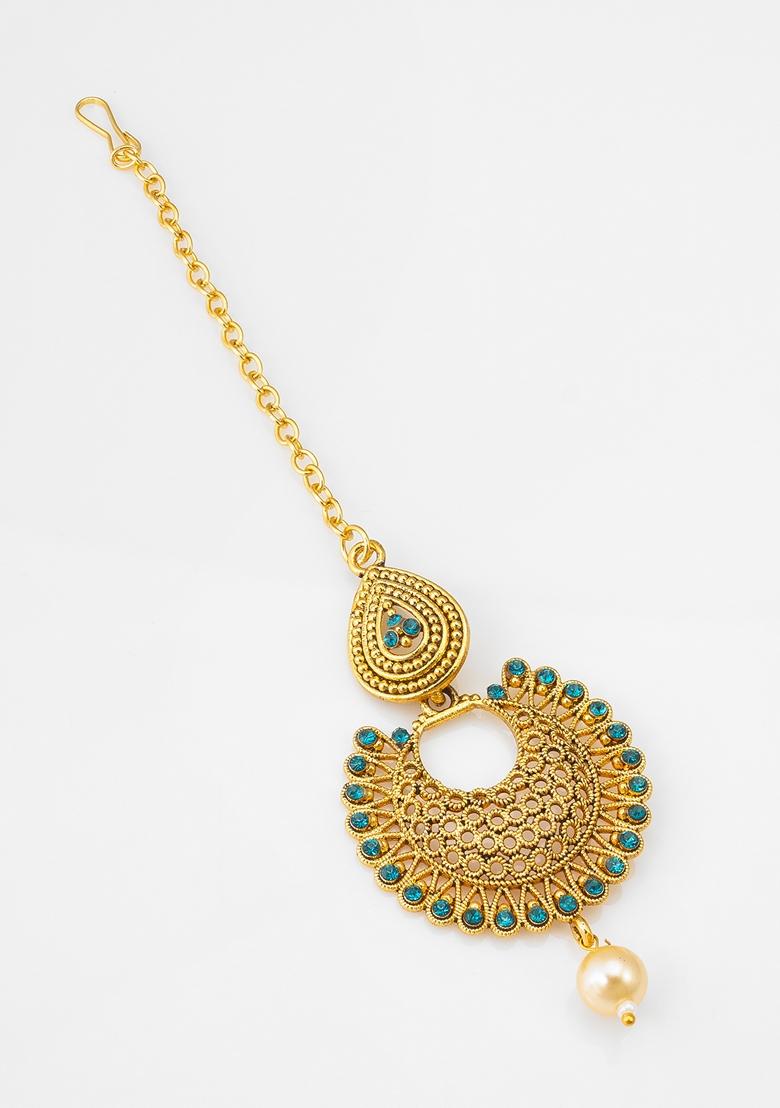 Blue Gold Plating Artificial Beads Maang Tikka