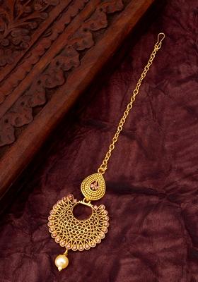 Pink Gold Plating Artificial Beads Maang Tikka