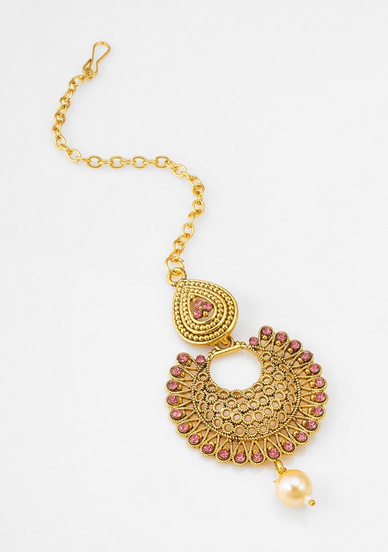 Pink Gold Plating Artificial Beads Maang Tikka