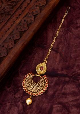 Maroon Gold Plating Artificial Beads Maang Tikka