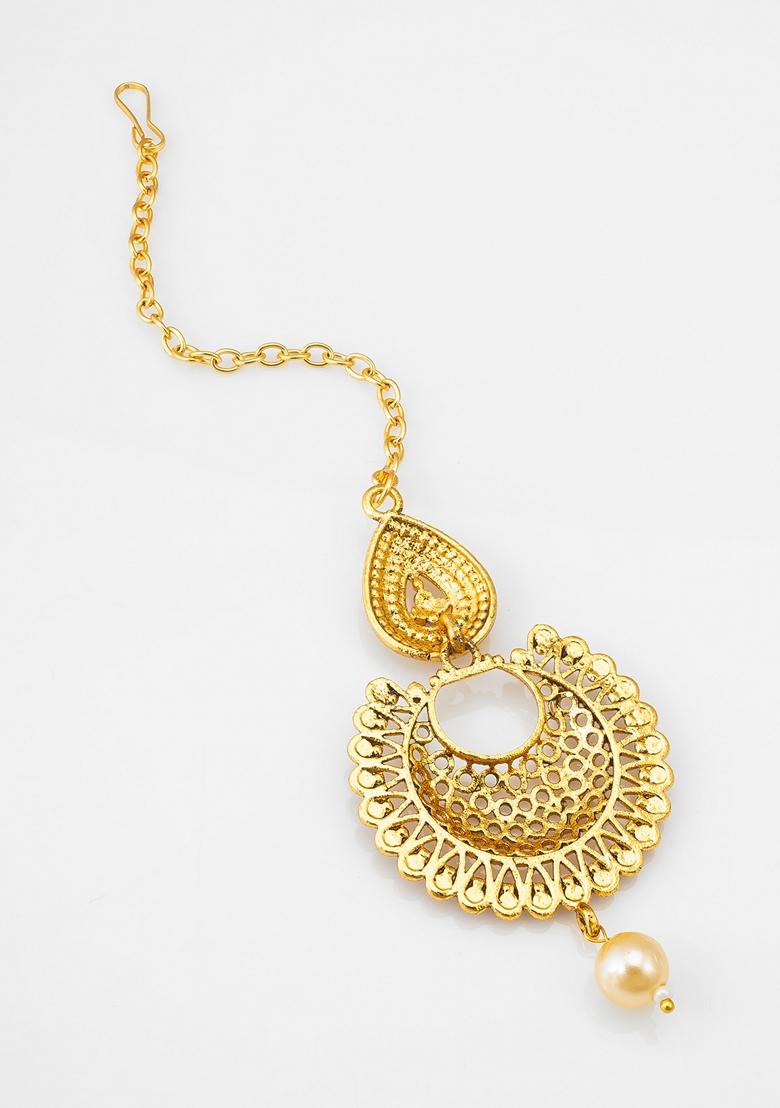 Maroon Gold Plating Artificial Beads Maang Tikka