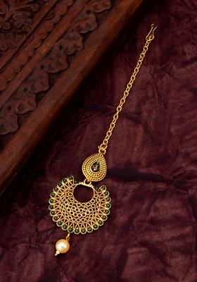 Green Gold Plating Artificial Beads Maang Tikka