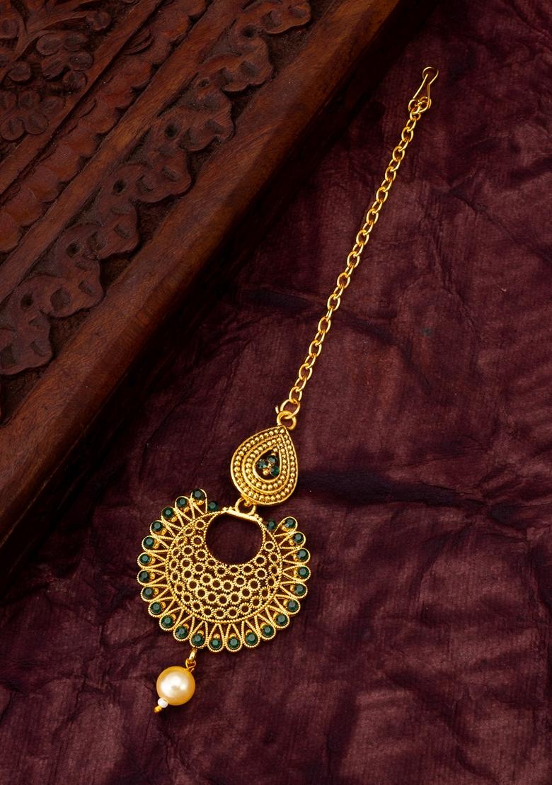 Green Gold Plating Artificial Beads Maang Tikka