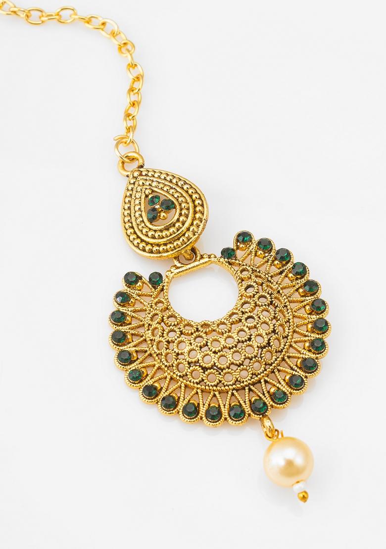 Green Gold Plating Artificial Beads Maang Tikka