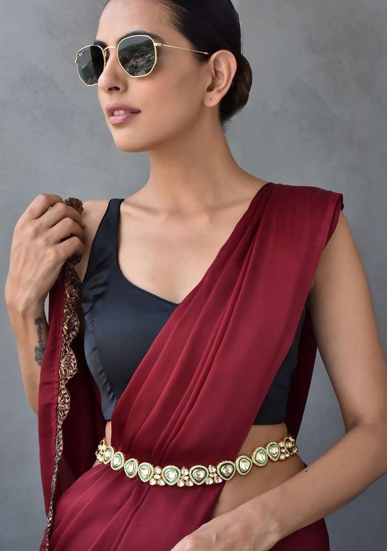 Green Gold Tone Polki Kamarband - Indya