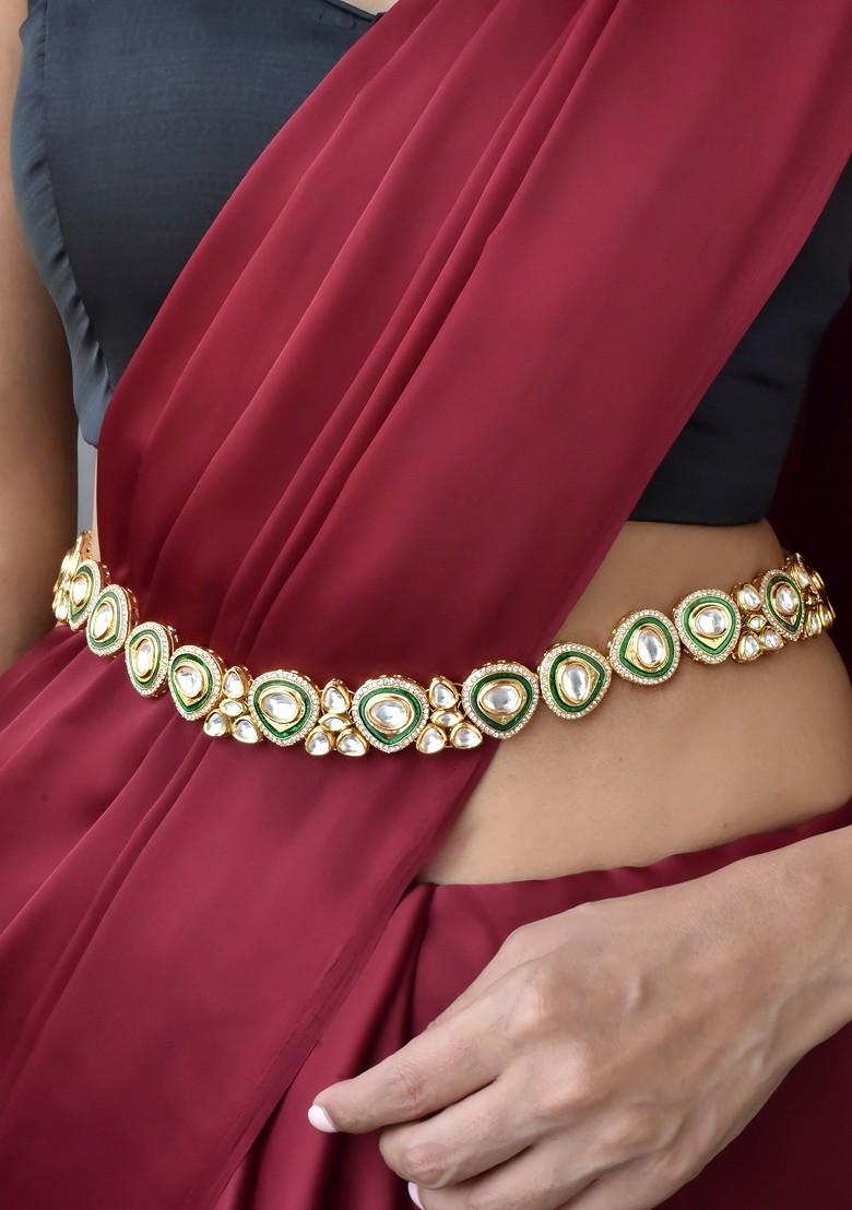 Green Gold Tone Polki Kamarband - Indya