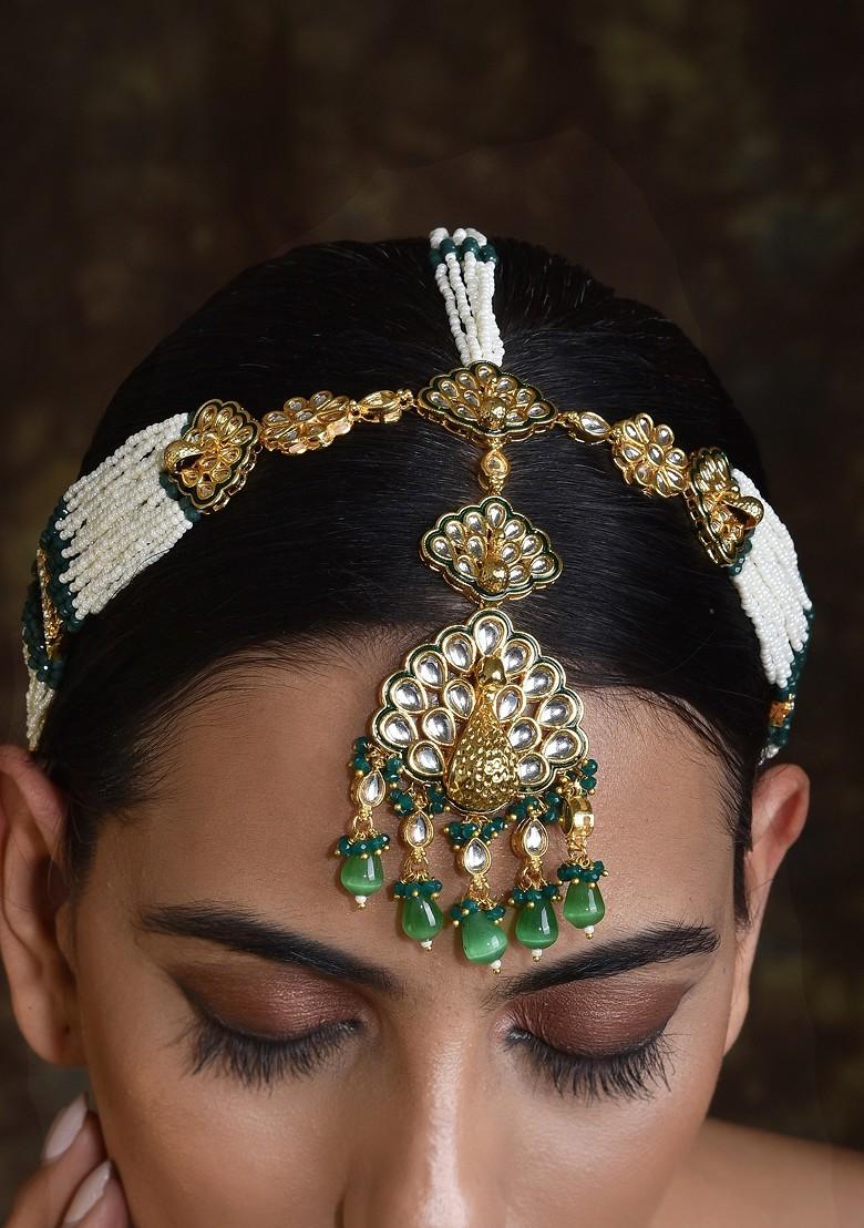 Green Gold Tone Kundan Pearl Mathapatti - Indya