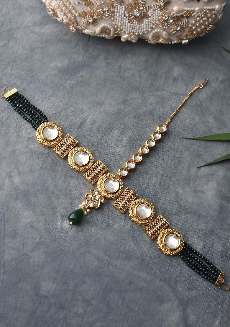 Green Gold Tone Polki Mathapatti - Indya