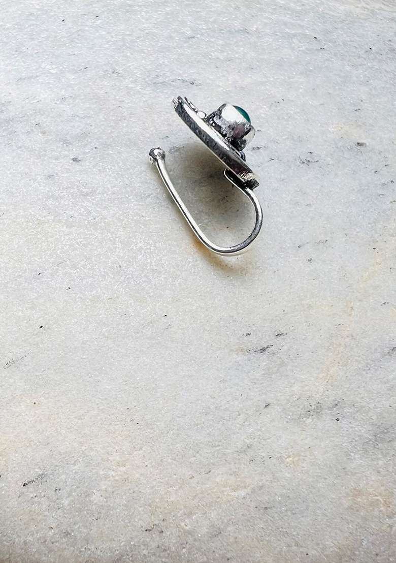 Green Stone 925 Sterling Silver Clipon Nosepin - Indya