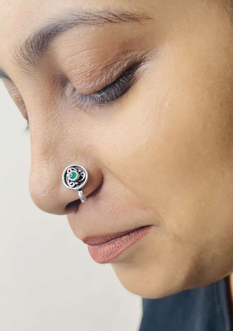 Green Stone 925 Sterling Silver Clipon Nosepin - Indya