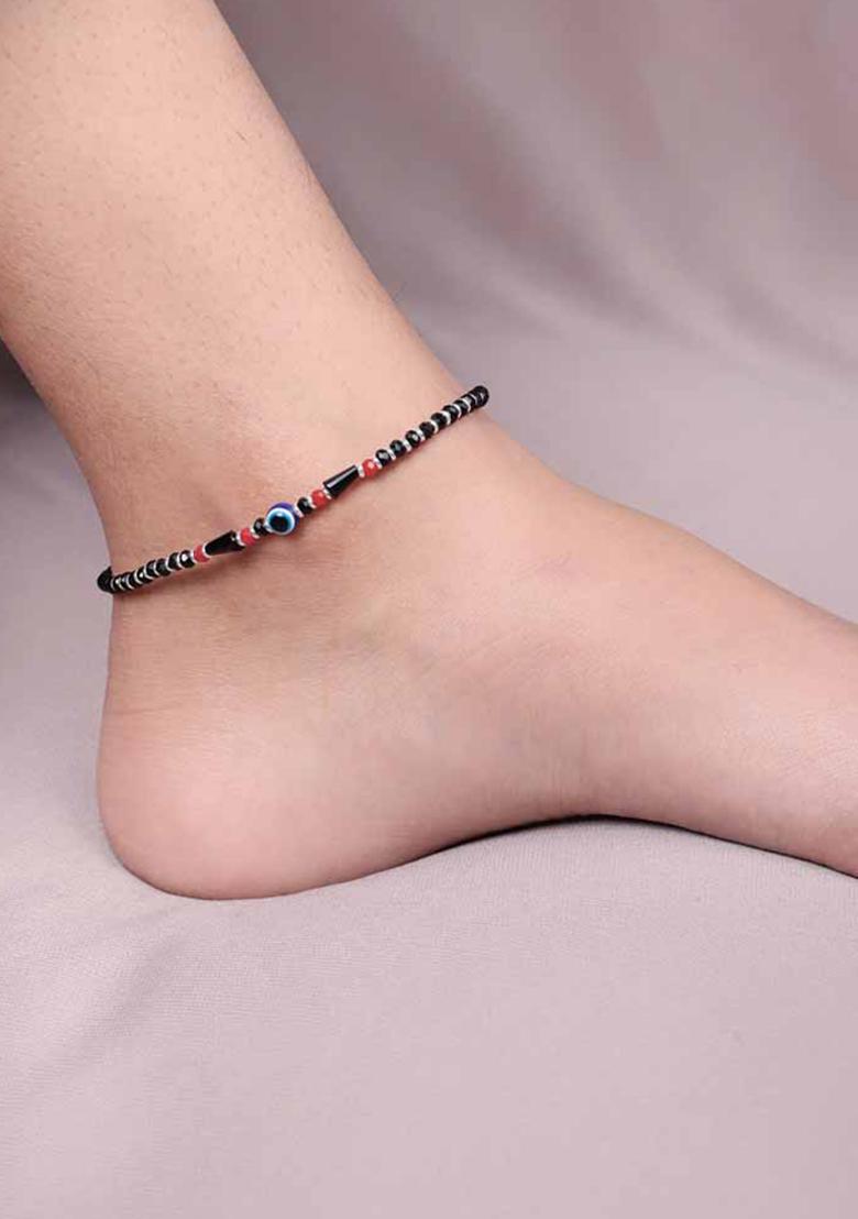 Black Beads 925 Sterling Silver Anklet