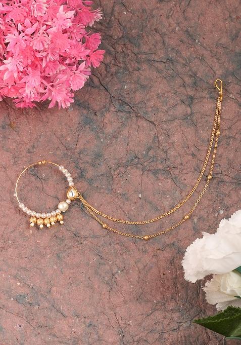 Golden White Kundan Polki Nose Nose Ring With Chain