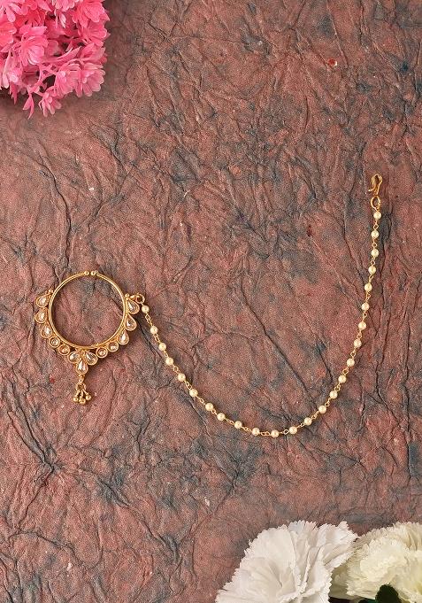 Golden White Kundan Polki Nose Nose Ring With Chain