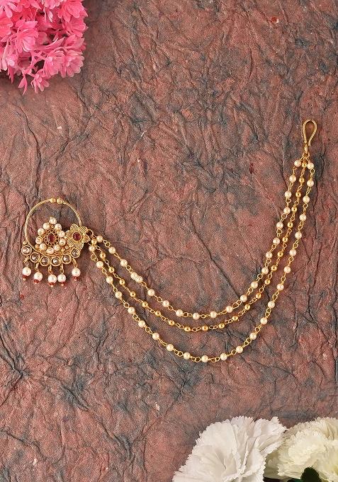 Golden White Ruby Kundan Polki Nose Nose Ring With Chain