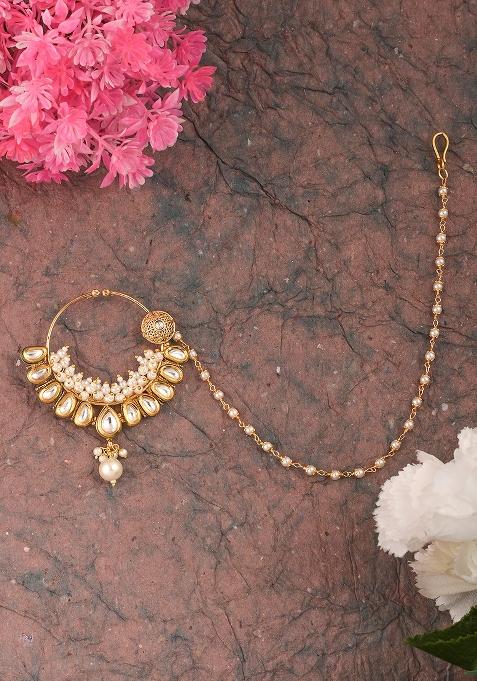 Golden White Kundan Polki Nose Nose Ring With Chain