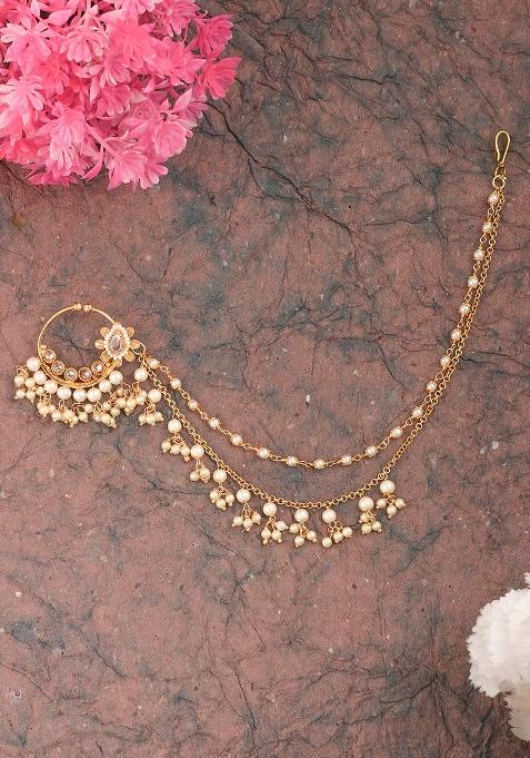 Golden White Kundan Polki Nose Nose Ring With Chain