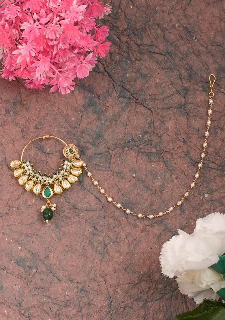 Golden White Green Kundan Polki Nose Nose Ring With Chain - Indya