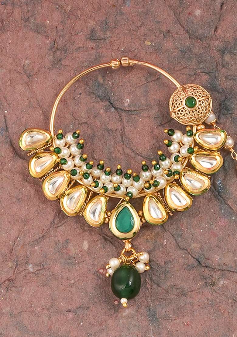 Golden White Green Kundan Polki Nose Nose Ring With Chain - Indya