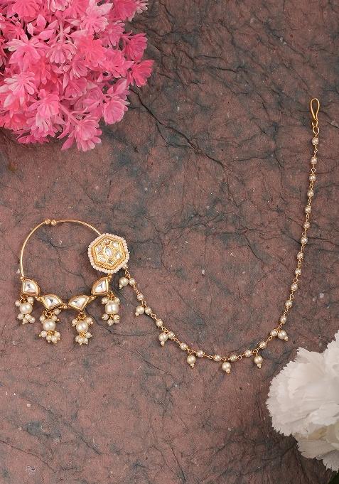 Golden White Kundan Polki Nose Nose Ring With Chain
