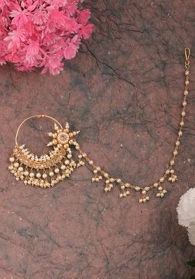 Golden White Kundan Polki Nose Nose Ring With Chain - Indya