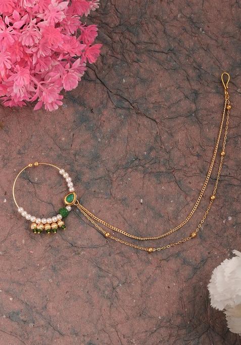 Golden White Green Kundan Polki Nose Nose Ring With Chain