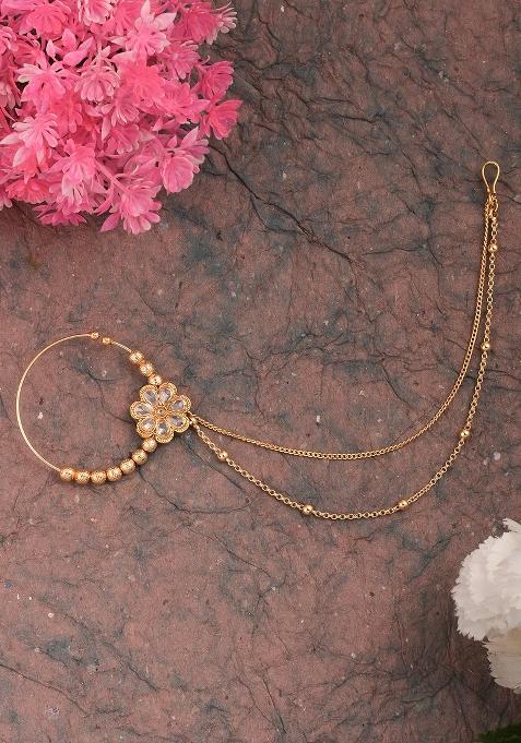 Golden White Kundan Polki Nose Nose Ring With Chain