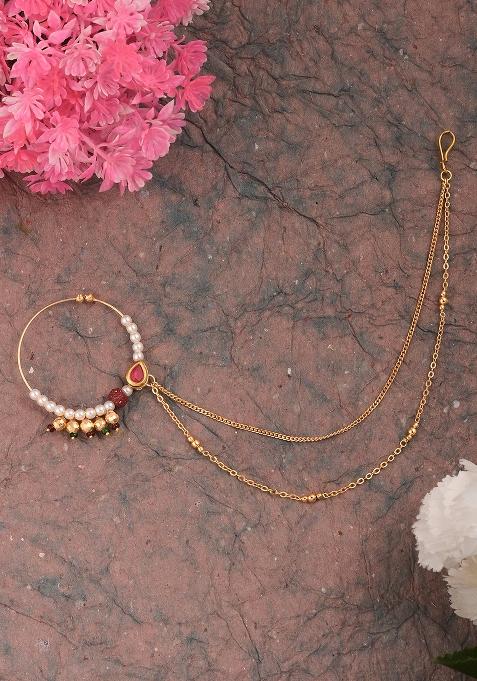 Golden White Ruby Kundan Polki Nose Nose Ring With Chain