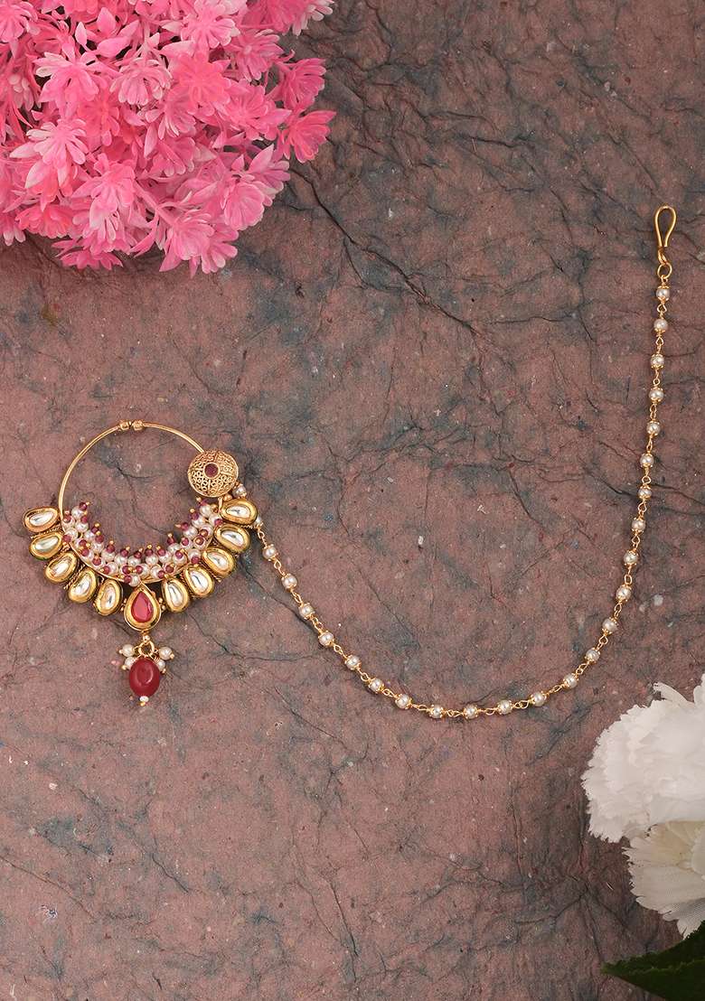Golden White Ruby Kundan Polki Nose Nose Ring With Chain - Indya