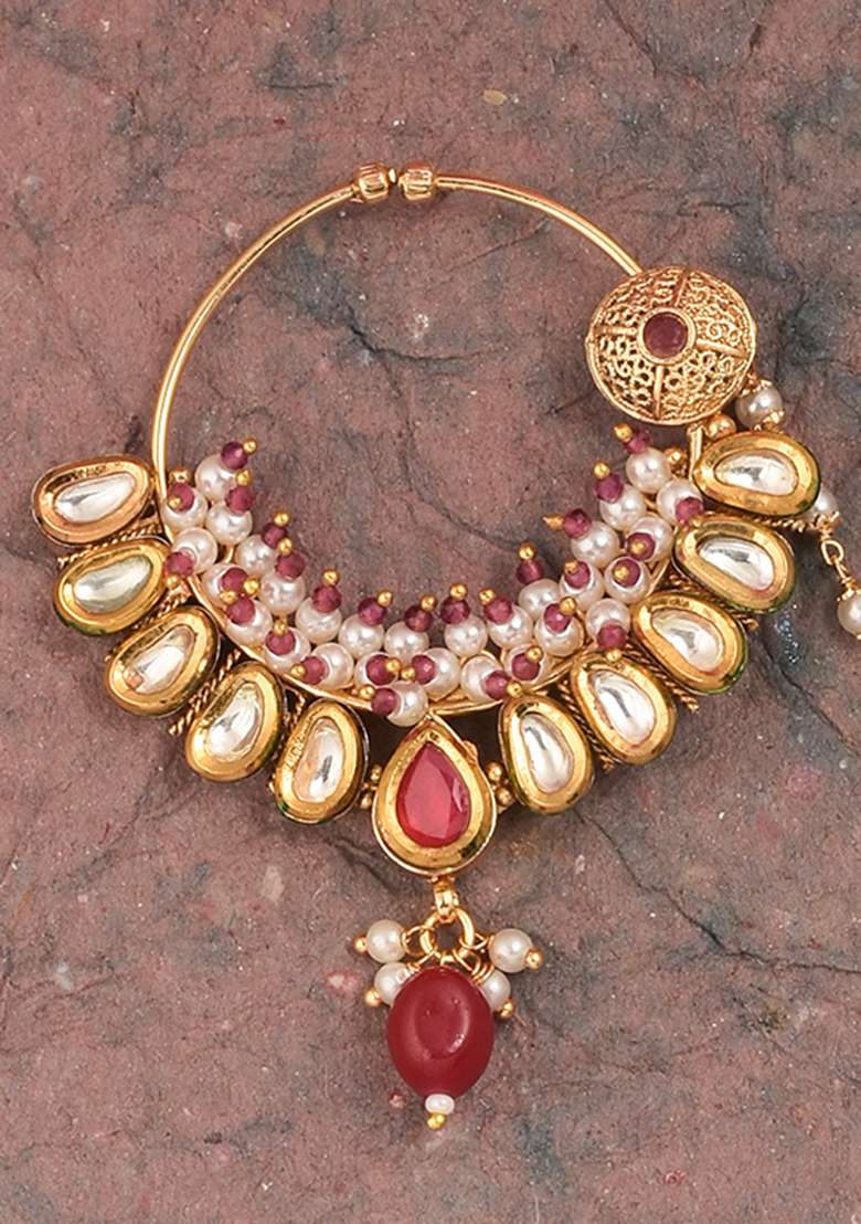 Golden White Ruby Kundan Polki Nose Nose Ring With Chain - Indya