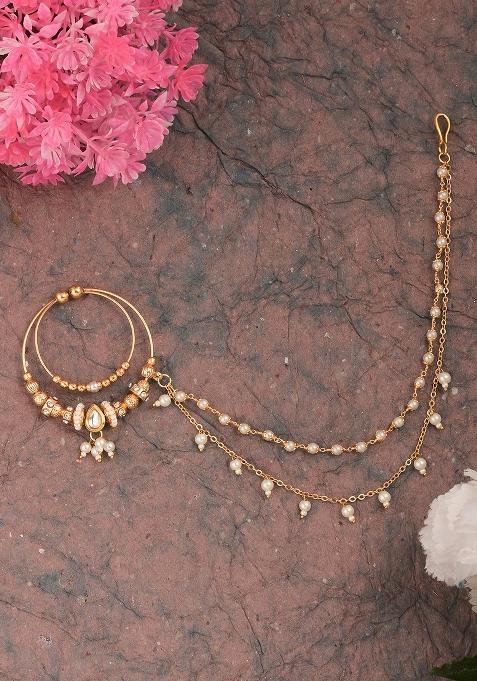 Golden White Kundan Polki Nose Nose Ring With Chain