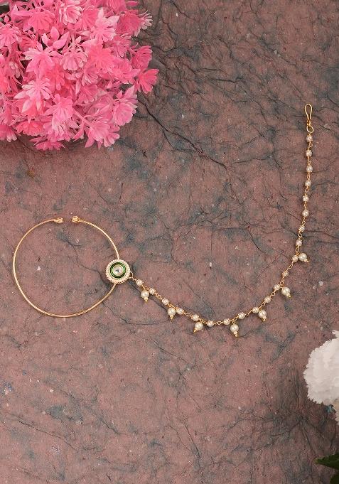 Golden White Kundan Polki Nose Nose Ring With Chain