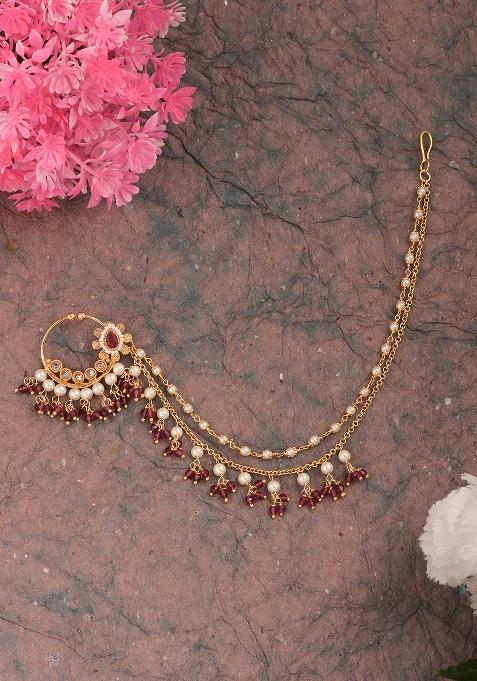 Golden White Ruby Kundan Polki Nose Nose Ring With Chain