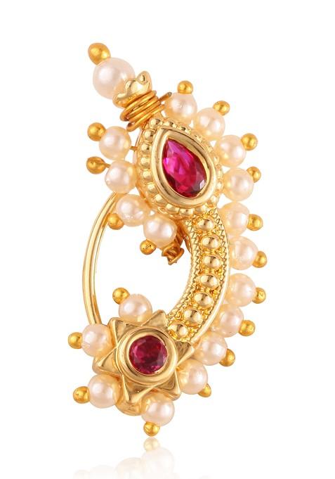 Gold Plated Pearl Alloy Artificial Stone Maharashtrian Nath