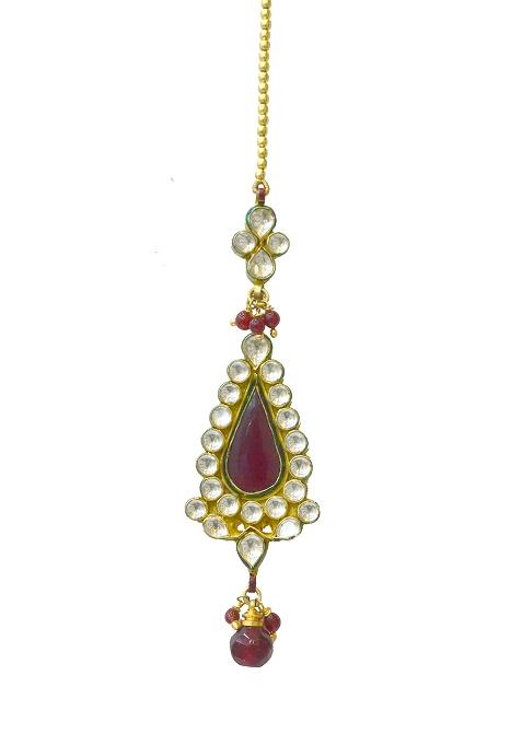 Golden White Kundan Embellished Maang Tikka