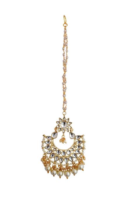 Golden White Kundan Embellished Maang Tikka