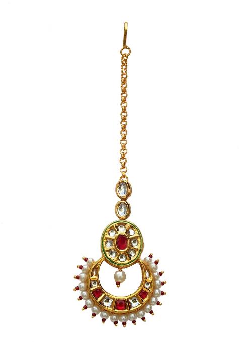 Golden White Kundan Embellished Maang Tikka